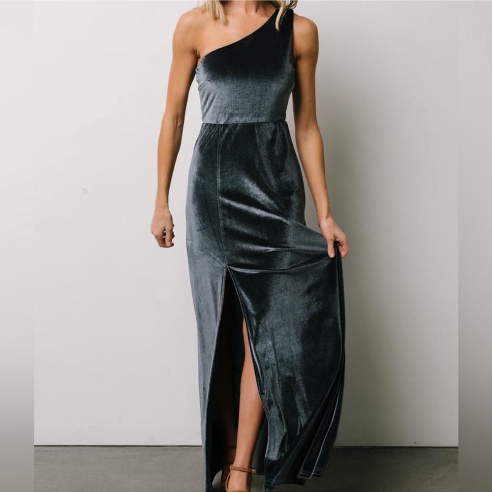 Baltic Born Slate Blue Tatiana Velvet One Shoulder Maxi Dress